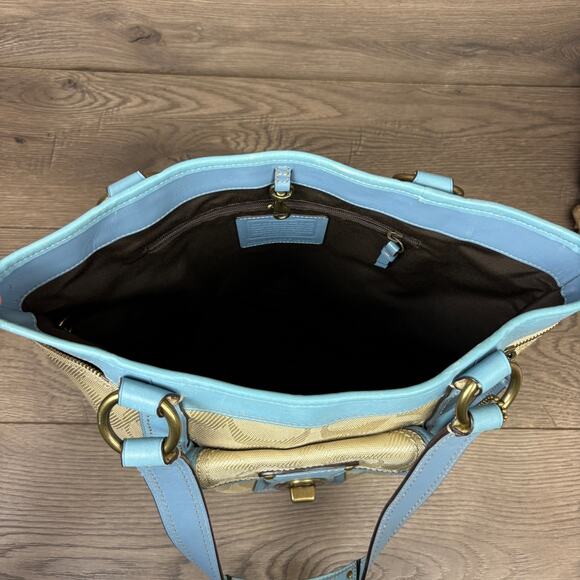 Coach Work Tote Bag K0893-F13103 Khaki Blue Leather Trim Turnlock Front Pocket - Picture 9 of 15